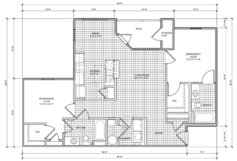 Floor plan for 2 beds, 2 baths, 1055 sqft